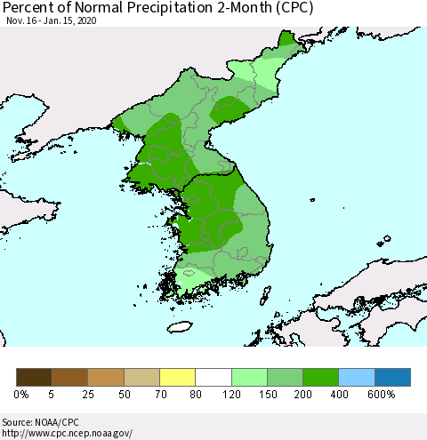 Korea Percent of Normal Precipitation 2-Month (CPC) Thematic Map For 11/16/2019 - 1/15/2020