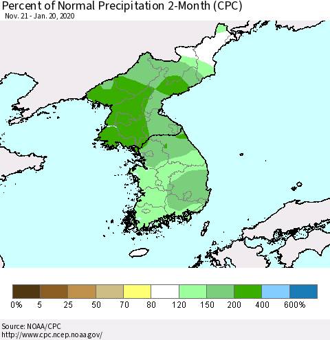Korea Percent of Normal Precipitation 2-Month (CPC) Thematic Map For 11/21/2019 - 1/20/2020