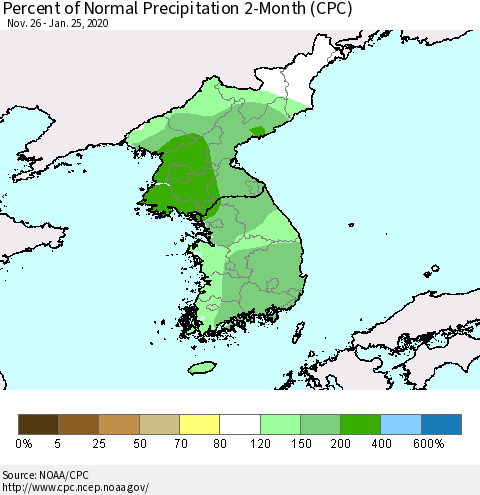 Korea Percent of Normal Precipitation 2-Month (CPC) Thematic Map For 11/26/2019 - 1/25/2020