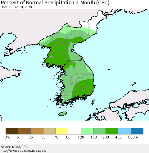 Korea Percent of Normal Precipitation 2-Month (CPC) Thematic Map For 12/1/2019 - 1/31/2020