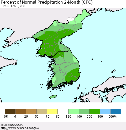 Korea Percent of Normal Precipitation 2-Month (CPC) Thematic Map For 12/6/2019 - 2/5/2020