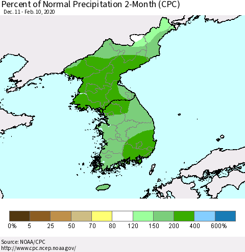 Korea Percent of Normal Precipitation 2-Month (CPC) Thematic Map For 12/11/2019 - 2/10/2020