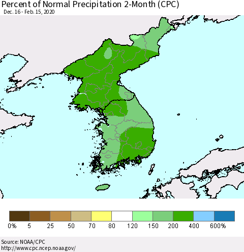 Korea Percent of Normal Precipitation 2-Month (CPC) Thematic Map For 12/16/2019 - 2/15/2020