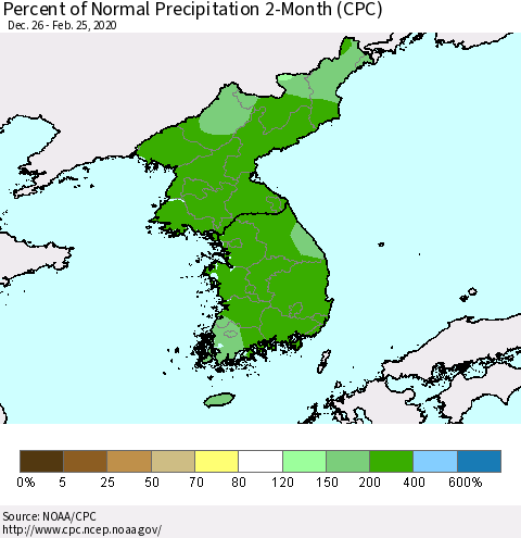 Korea Percent of Normal Precipitation 2-Month (CPC) Thematic Map For 12/26/2019 - 2/25/2020