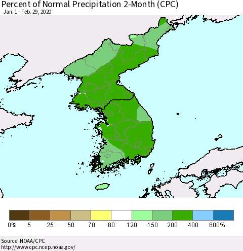 Korea Percent of Normal Precipitation 2-Month (CPC) Thematic Map For 1/1/2020 - 2/29/2020