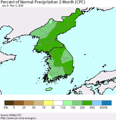 Korea Percent of Normal Precipitation 2-Month (CPC) Thematic Map For 1/6/2020 - 3/5/2020
