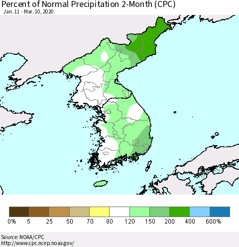 Korea Percent of Normal Precipitation 2-Month (CPC) Thematic Map For 1/11/2020 - 3/10/2020