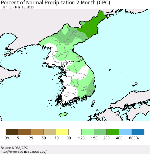 Korea Percent of Normal Precipitation 2-Month (CPC) Thematic Map For 1/16/2020 - 3/15/2020