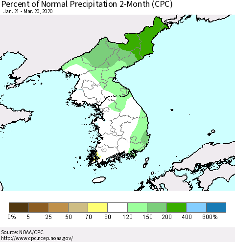 Korea Percent of Normal Precipitation 2-Month (CPC) Thematic Map For 1/21/2020 - 3/20/2020