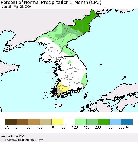 Korea Percent of Normal Precipitation 2-Month (CPC) Thematic Map For 1/26/2020 - 3/25/2020