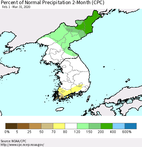 Korea Percent of Normal Precipitation 2-Month (CPC) Thematic Map For 2/1/2020 - 3/31/2020