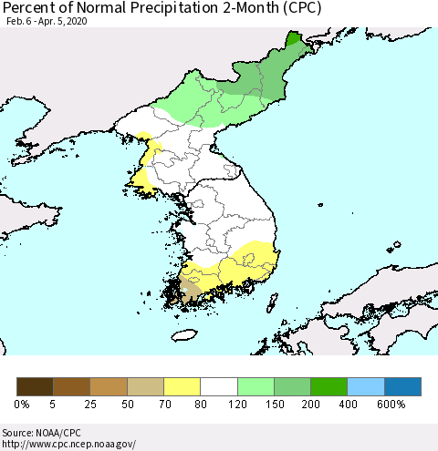 Korea Percent of Normal Precipitation 2-Month (CPC) Thematic Map For 2/6/2020 - 4/5/2020