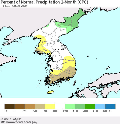Korea Percent of Normal Precipitation 2-Month (CPC) Thematic Map For 2/11/2020 - 4/10/2020