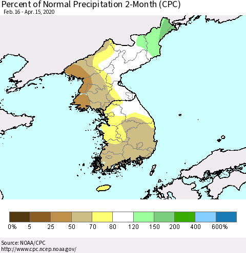 Korea Percent of Normal Precipitation 2-Month (CPC) Thematic Map For 2/16/2020 - 4/15/2020
