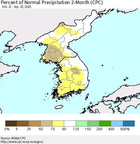 Korea Percent of Normal Precipitation 2-Month (CPC) Thematic Map For 2/21/2020 - 4/20/2020