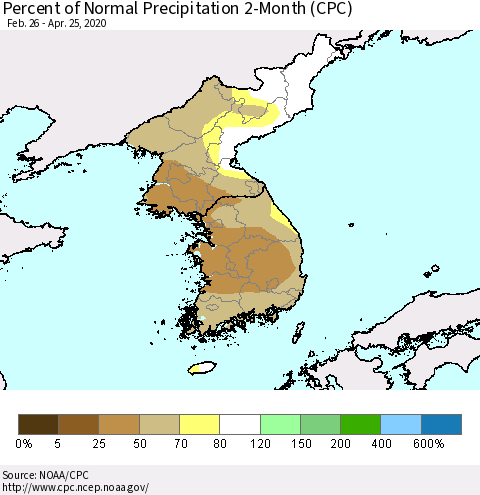Korea Percent of Normal Precipitation 2-Month (CPC) Thematic Map For 2/26/2020 - 4/25/2020