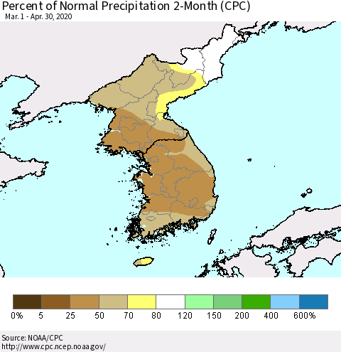 Korea Percent of Normal Precipitation 2-Month (CPC) Thematic Map For 3/1/2020 - 4/30/2020