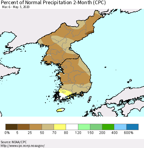 Korea Percent of Normal Precipitation 2-Month (CPC) Thematic Map For 3/6/2020 - 5/5/2020