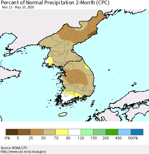 Korea Percent of Normal Precipitation 2-Month (CPC) Thematic Map For 3/11/2020 - 5/10/2020