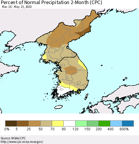 Korea Percent of Normal Precipitation 2-Month (CPC) Thematic Map For 3/16/2020 - 5/15/2020