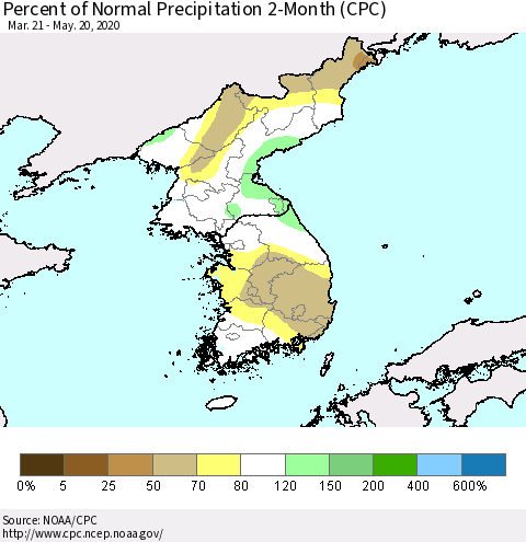 Korea Percent of Normal Precipitation 2-Month (CPC) Thematic Map For 3/21/2020 - 5/20/2020