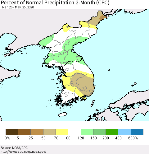Korea Percent of Normal Precipitation 2-Month (CPC) Thematic Map For 3/26/2020 - 5/25/2020