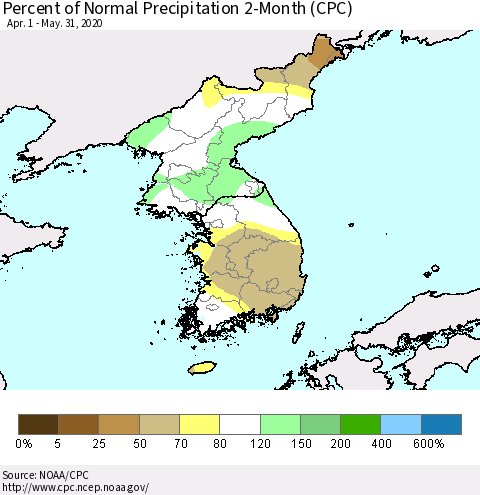 Korea Percent of Normal Precipitation 2-Month (CPC) Thematic Map For 4/1/2020 - 5/31/2020