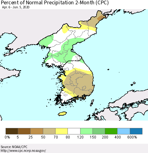 Korea Percent of Normal Precipitation 2-Month (CPC) Thematic Map For 4/6/2020 - 6/5/2020