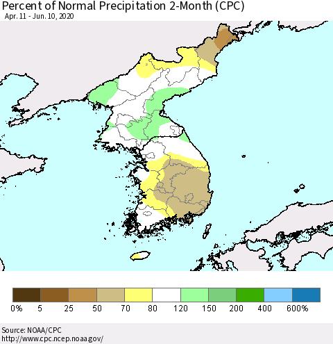 Korea Percent of Normal Precipitation 2-Month (CPC) Thematic Map For 4/11/2020 - 6/10/2020