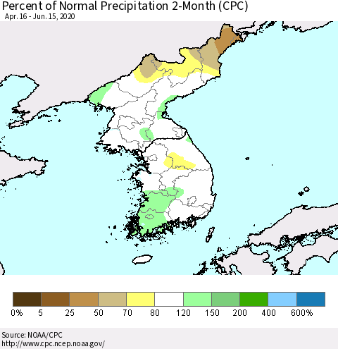 Korea Percent of Normal Precipitation 2-Month (CPC) Thematic Map For 4/16/2020 - 6/15/2020