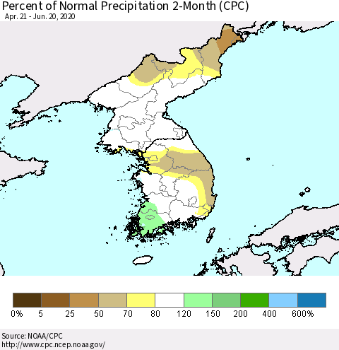 Korea Percent of Normal Precipitation 2-Month (CPC) Thematic Map For 4/21/2020 - 6/20/2020