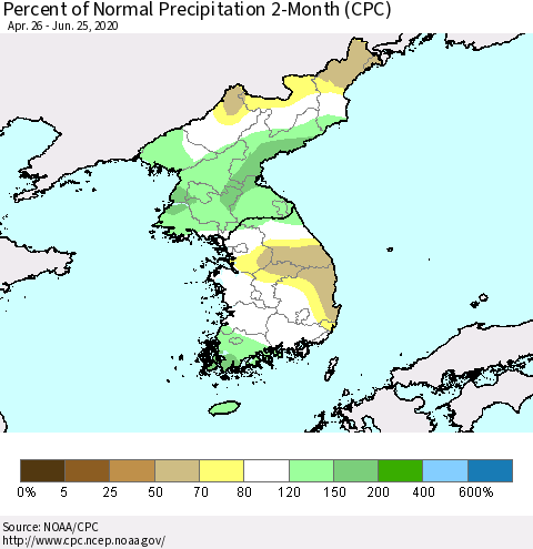 Korea Percent of Normal Precipitation 2-Month (CPC) Thematic Map For 4/26/2020 - 6/25/2020
