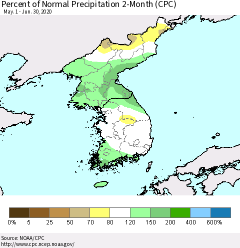 Korea Percent of Normal Precipitation 2-Month (CPC) Thematic Map For 5/1/2020 - 6/30/2020