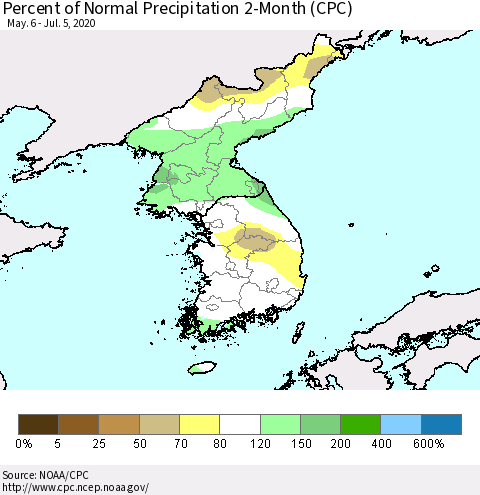 Korea Percent of Normal Precipitation 2-Month (CPC) Thematic Map For 5/6/2020 - 7/5/2020