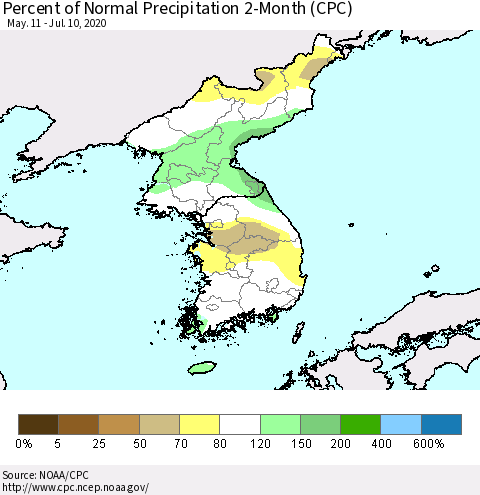 Korea Percent of Normal Precipitation 2-Month (CPC) Thematic Map For 5/11/2020 - 7/10/2020