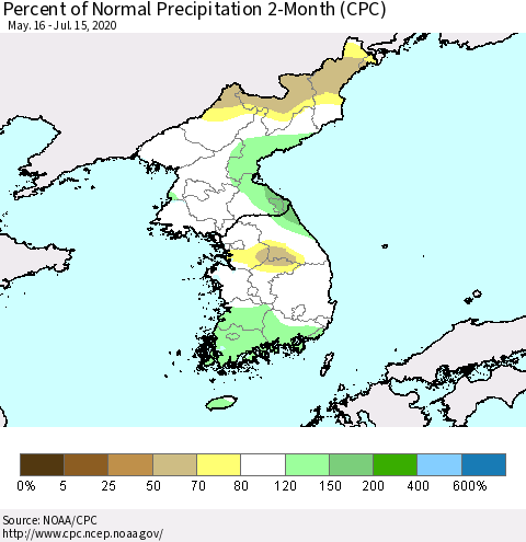 Korea Percent of Normal Precipitation 2-Month (CPC) Thematic Map For 5/16/2020 - 7/15/2020