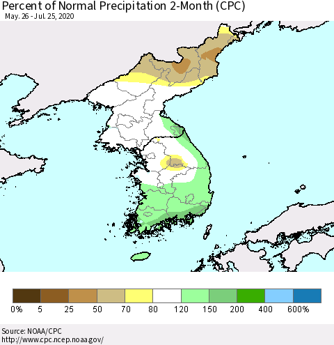 Korea Percent of Normal Precipitation 2-Month (CPC) Thematic Map For 5/26/2020 - 7/25/2020