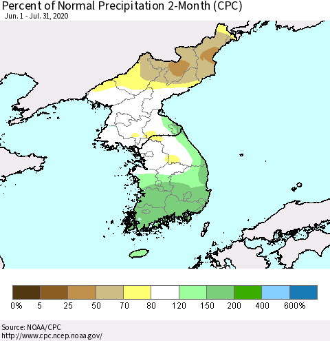 Korea Percent of Normal Precipitation 2-Month (CPC) Thematic Map For 6/1/2020 - 7/31/2020