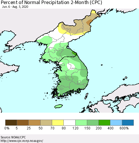 Korea Percent of Normal Precipitation 2-Month (CPC) Thematic Map For 6/6/2020 - 8/5/2020