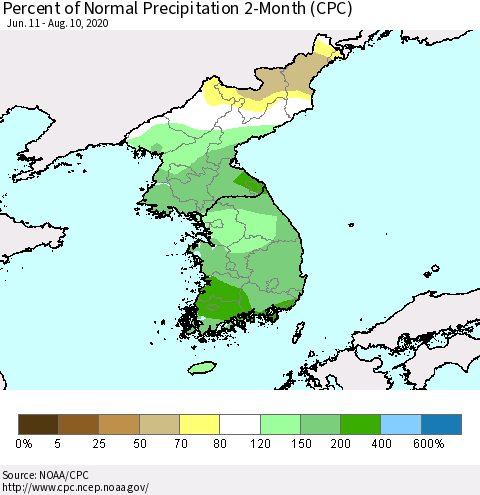 Korea Percent of Normal Precipitation 2-Month (CPC) Thematic Map For 6/11/2020 - 8/10/2020