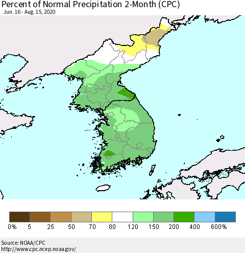 Korea Percent of Normal Precipitation 2-Month (CPC) Thematic Map For 6/16/2020 - 8/15/2020
