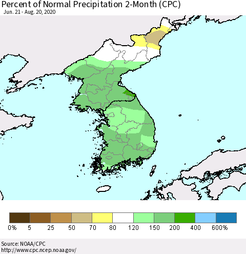 Korea Percent of Normal Precipitation 2-Month (CPC) Thematic Map For 6/21/2020 - 8/20/2020