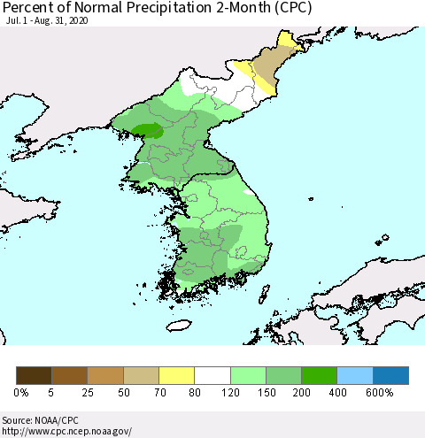 Korea Percent of Normal Precipitation 2-Month (CPC) Thematic Map For 7/1/2020 - 8/31/2020