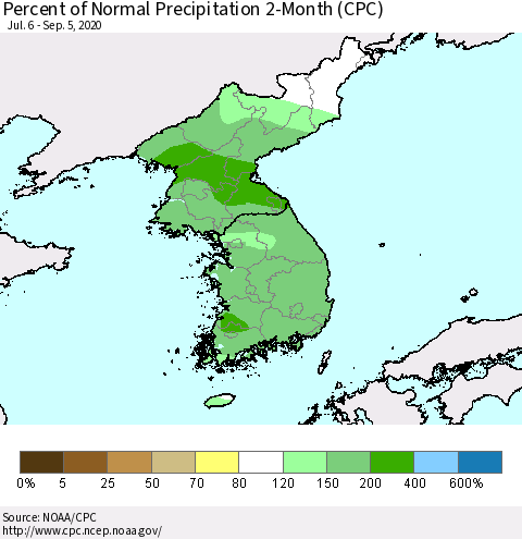 Korea Percent of Normal Precipitation 2-Month (CPC) Thematic Map For 7/6/2020 - 9/5/2020
