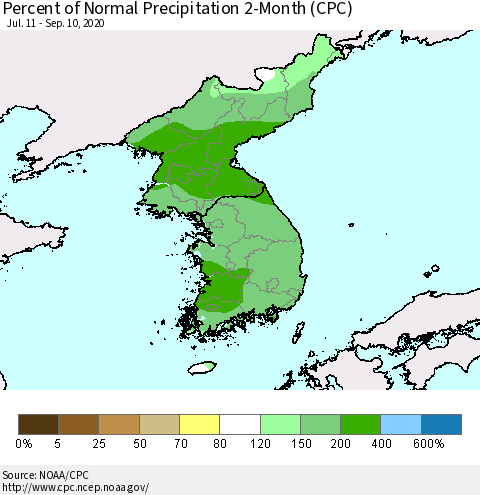 Korea Percent of Normal Precipitation 2-Month (CPC) Thematic Map For 7/11/2020 - 9/10/2020
