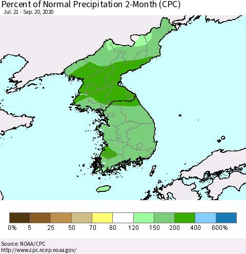 Korea Percent of Normal Precipitation 2-Month (CPC) Thematic Map For 7/21/2020 - 9/20/2020