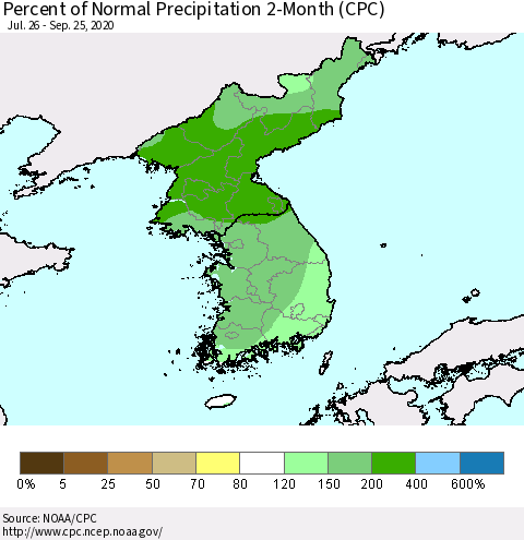 Korea Percent of Normal Precipitation 2-Month (CPC) Thematic Map For 7/26/2020 - 9/25/2020