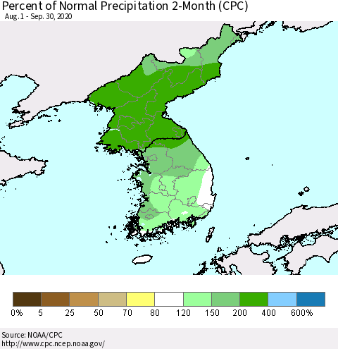Korea Percent of Normal Precipitation 2-Month (CPC) Thematic Map For 8/1/2020 - 9/30/2020