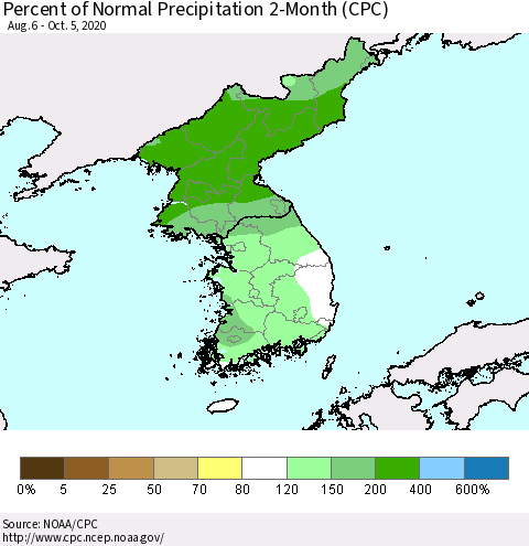 Korea Percent of Normal Precipitation 2-Month (CPC) Thematic Map For 8/6/2020 - 10/5/2020