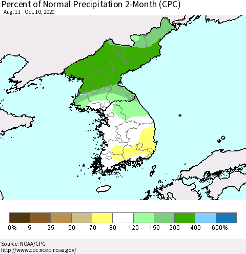 Korea Percent of Normal Precipitation 2-Month (CPC) Thematic Map For 8/11/2020 - 10/10/2020